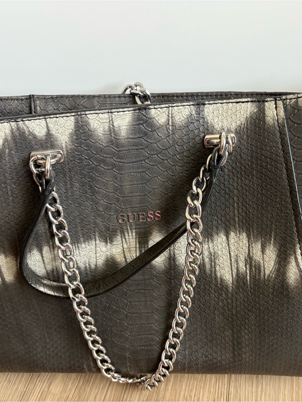 GUESS Black Faux-Snakeskin Tote with Silver Chain Handles